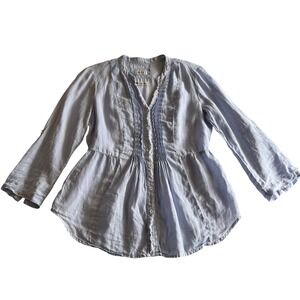 Malvin Love Linen Pintuck Front Collarless Pale Blue 3/4 Sleeve Button Blouse M‎
